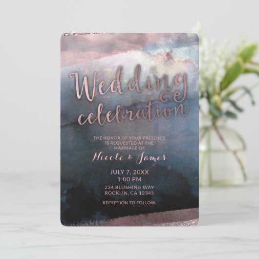 Invitation Mariage Moderne Aquarelle Bleu et Rose Or Rose (Debout devant)