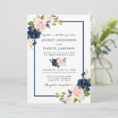 Invitation Mariage Moderne Aquarelle Classique Bleu Rose Flor (Debout devant)