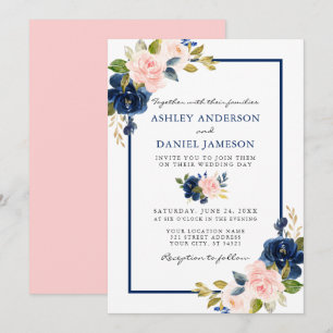 Invitation Mariage Moderne Aquarelle Classique Bleu Rose Flor