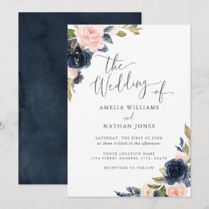 Invitation Mariage Moderne Aquarelle Floral Bleu Clair