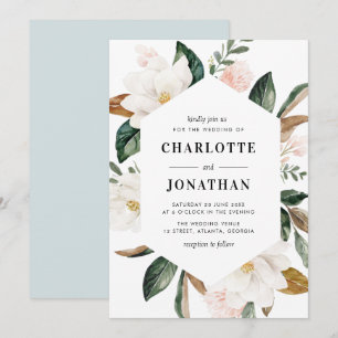 Invitation mariage moderne aquarelle magnolia cadre fleuri