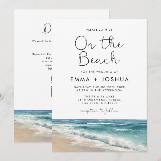 Invitation Mariage Moderne Aquarelle Sur La Plage Avec Code Q (Devant / Derrière)