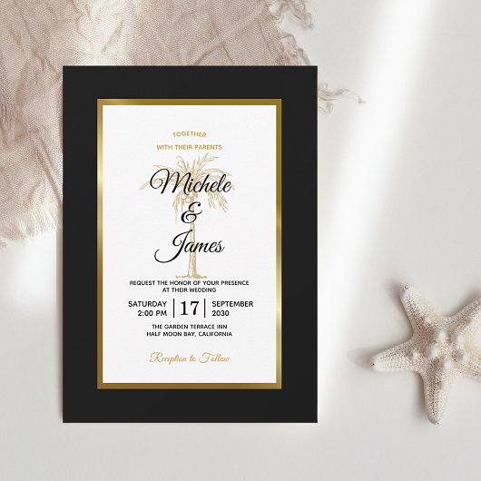 Invitation Mariage Moderne Arbre à Palmes Noir Blanc Or