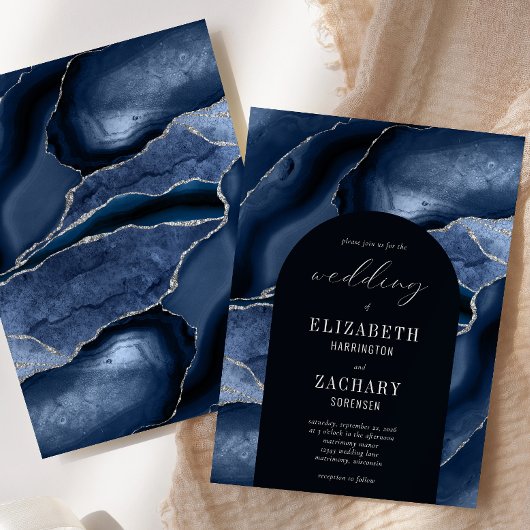 Invitation Mariage Moderne Arc Bleu Marine Agate Argent