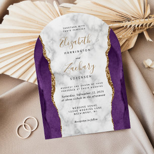 Invitation Mariage Moderne Arc en Marbre Or Violet Agate