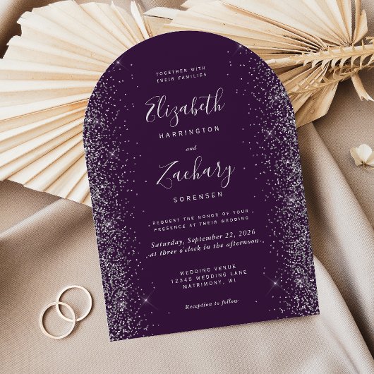 Invitation Mariage Moderne Arc Violet Argent Paillettes
