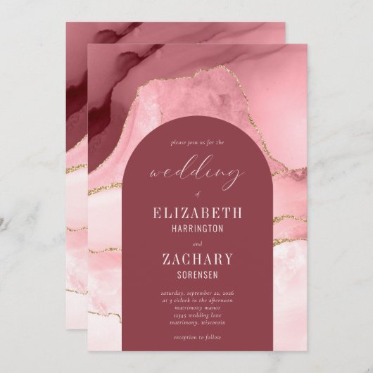 Invitation Mariage moderne Arch Blush Pink Gold Agate (Devant / Derrière)