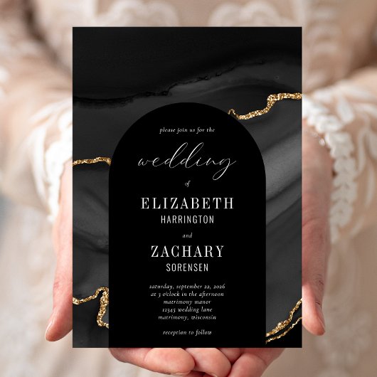 Invitation Mariage Moderne Arch Noir Agate Or