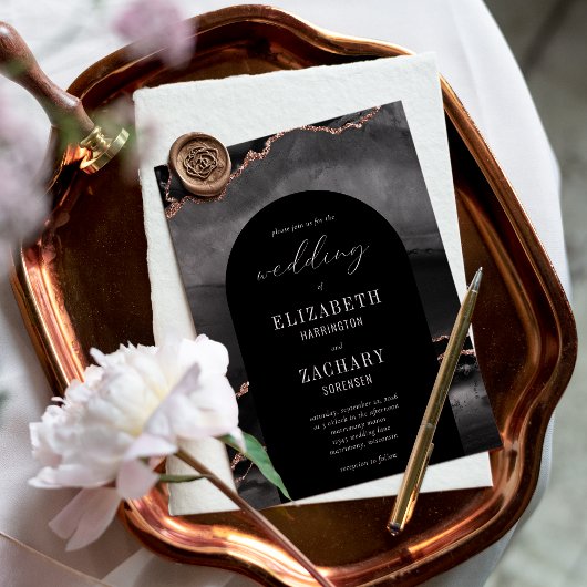 Invitation Mariage Moderne Arch Rose Or Agate Noir