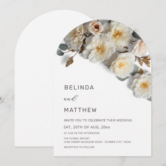 Invitation Mariage Moderne Arches Fleurs 3D Roses Blanches (Devant / Derrière)