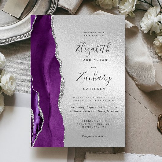 Invitation Mariage Moderne Argent et Agate Violette