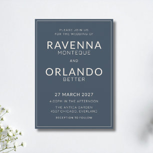 Invitation Mariage Moderne Argenté Cadre Ivoire Bleu Marine