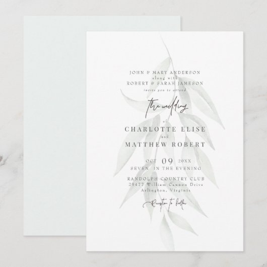 Invitation Mariage Moderne au Feuillage Apaisé de Sauge Clair (Devant / Derrière)