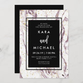 Invitation Mariage Moderne aux Éclats de Marbre Violet et Or (Devant / Derrière)