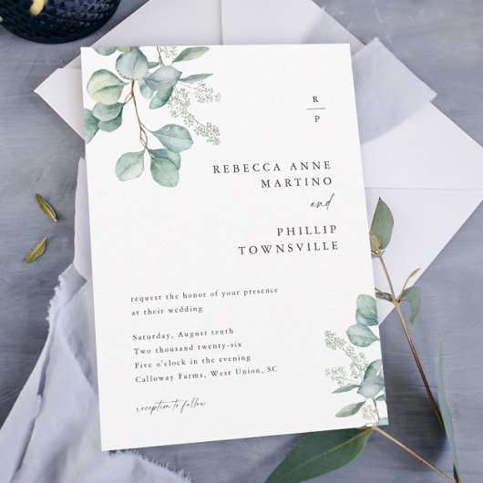 Invitation Mariage Moderne aux Feuilles de Eucalyptus