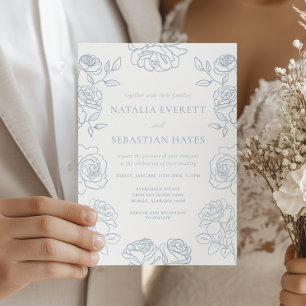 Invitation Mariage Moderne aux Roses Françaises Bleues et Bla