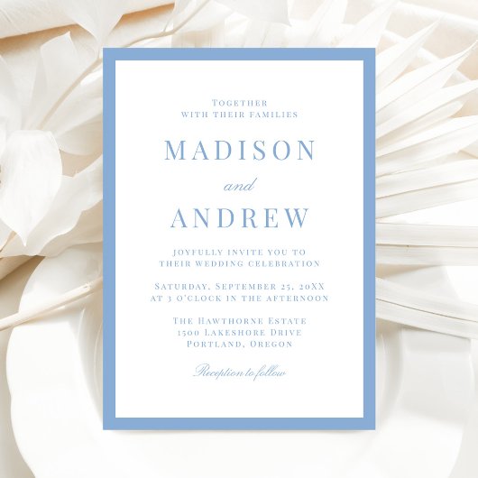 Invitation Mariage Moderne avec Bordure Bleue