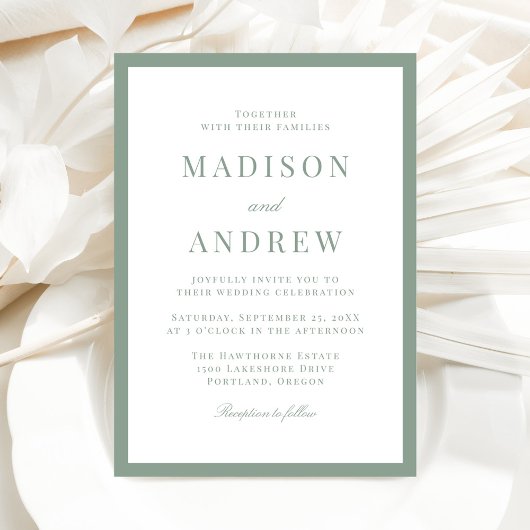 Invitation Mariage Moderne avec Bordure Vert Sauge
