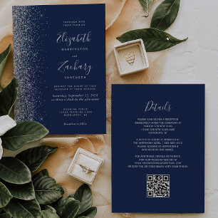 Invitation Mariage moderne avec code QR bleu marine et paille