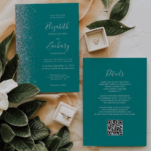 Invitation Mariage moderne avec code QR bleu sarcelle paillet