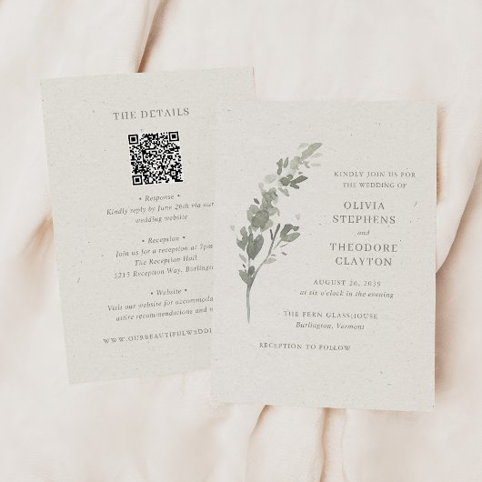 Invitation Mariage moderne avec code QR botanique vert sauge