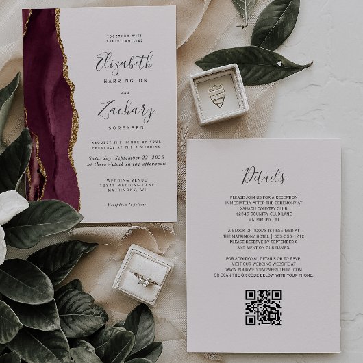 Invitation Mariage moderne avec code QR en agate dorée et ros