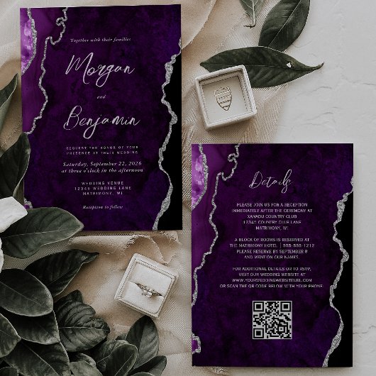 Invitation Mariage moderne avec code QR en écriture argentée