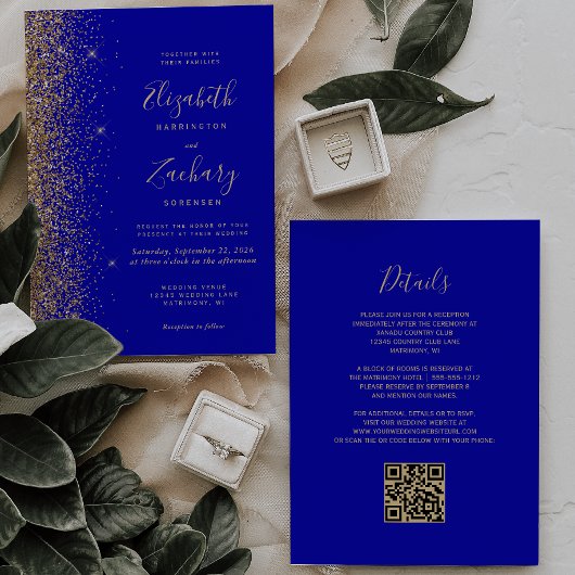 Invitation Mariage moderne avec code QR et paillettes bleu ro