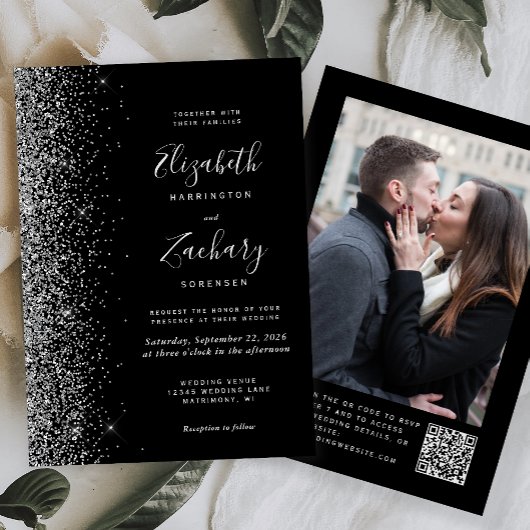 Invitation Mariage moderne avec code QR et photo argent noir 