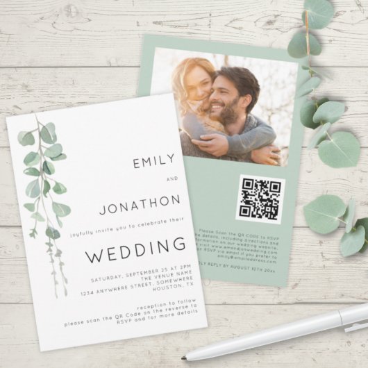 Invitation Mariage Moderne avec Code QR et Photo d'Eucalyptus
