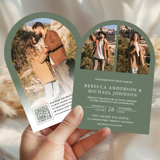 Invitation Mariage moderne avec code QR photo d'arche en vert