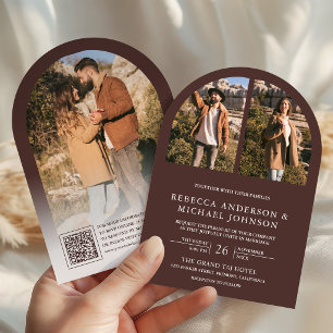 Invitation Mariage moderne avec code QR photo d'arche marron