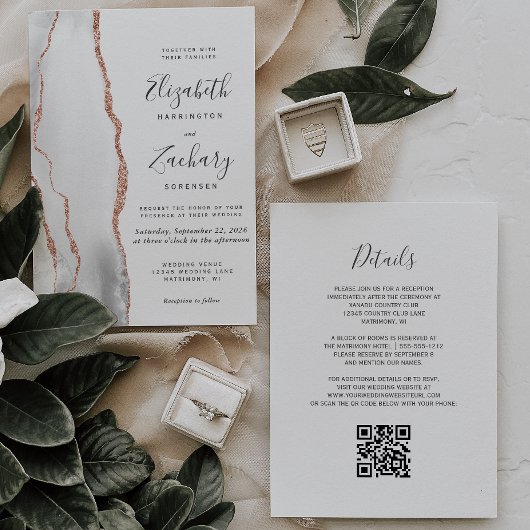 Invitation Mariage moderne avec code QR Rose Gold et Agate Gr