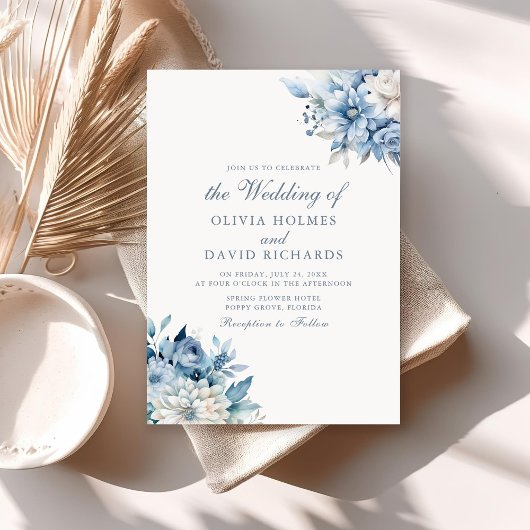 Invitation Mariage moderne avec des fleurs bleues poussiéreus