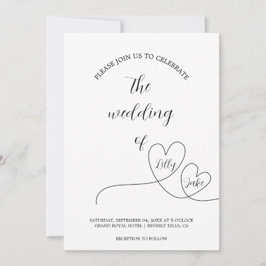 Invitation Mariage moderne avec écriture calligraphique à cœu (Devant)