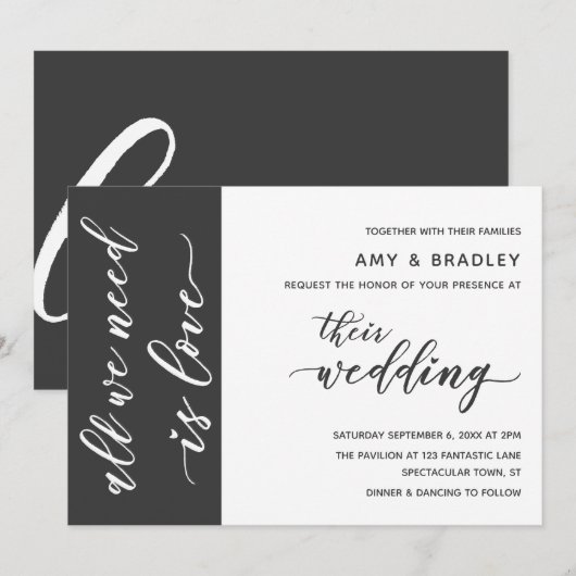 Invitation Mariage Moderne avec Écriture en Gris Foncé et Bla (Devant / Derrière)
