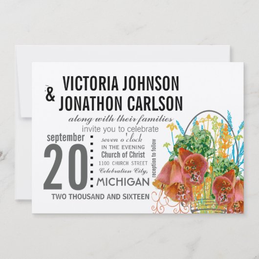 Invitation Mariage moderne avec fleurs de corail et de menthe (Devant)