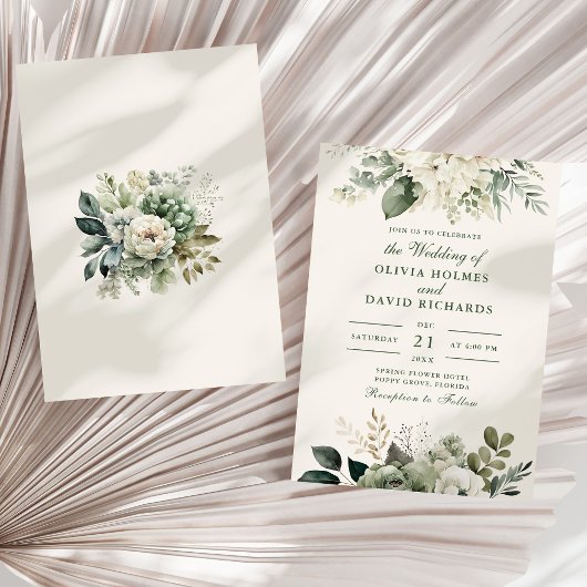 Invitation Mariage moderne avec fleurs vert sauge et ivoire