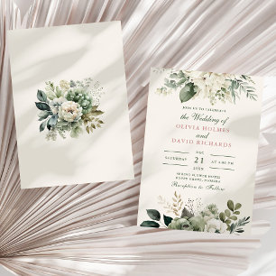 Invitation Mariage moderne avec fleurs vert sauge et ivoire