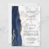 Invitation Mariage Moderne avec Marbre Agate Bleu Nuit Or (Devant)