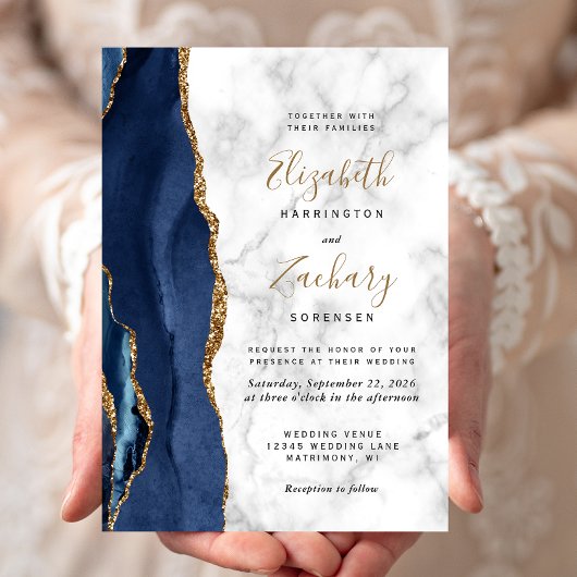 Invitation Mariage Moderne avec Marbre Agate Bleu Nuit Or