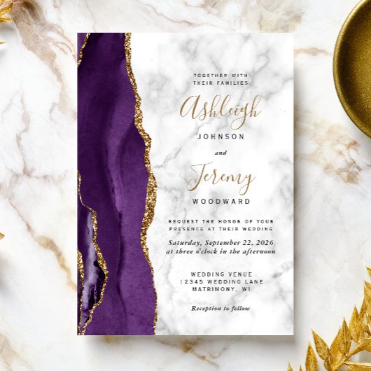 Invitation Mariage Moderne avec Marbre Violet et Or