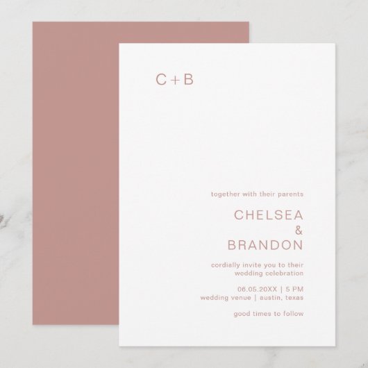 Invitation Mariage moderne avec monogramme rose (Devant / Derrière)