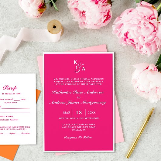 Invitation Mariage moderne avec monogramme rose vif et blanc