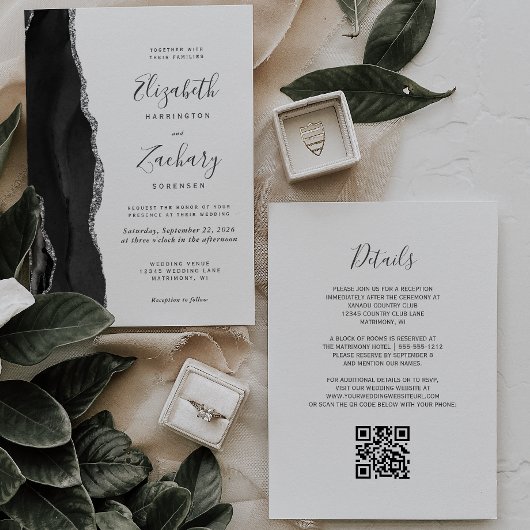 Invitation Mariage moderne avec QR Code à agate argentée noir