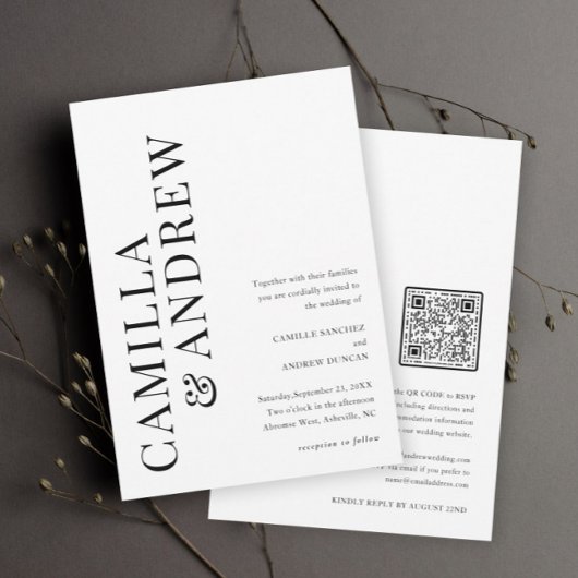 Invitation Mariage moderne avec QR code typographique noir et