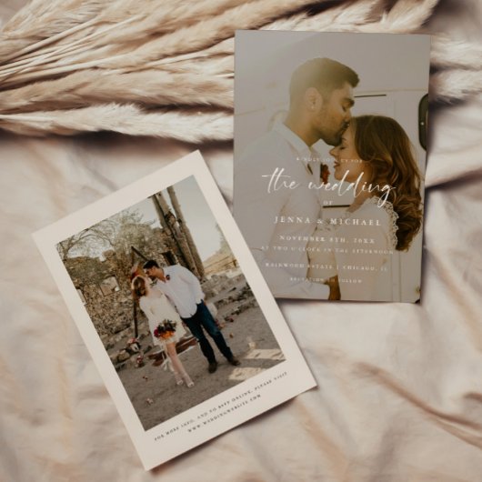 Invitation Mariage Moderne Beige Script 2-Photos