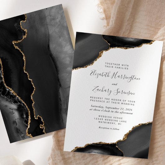 Invitation Mariage moderne Black Gold Agate Corners