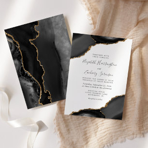 Invitation Mariage moderne Black Gold Agate Corners