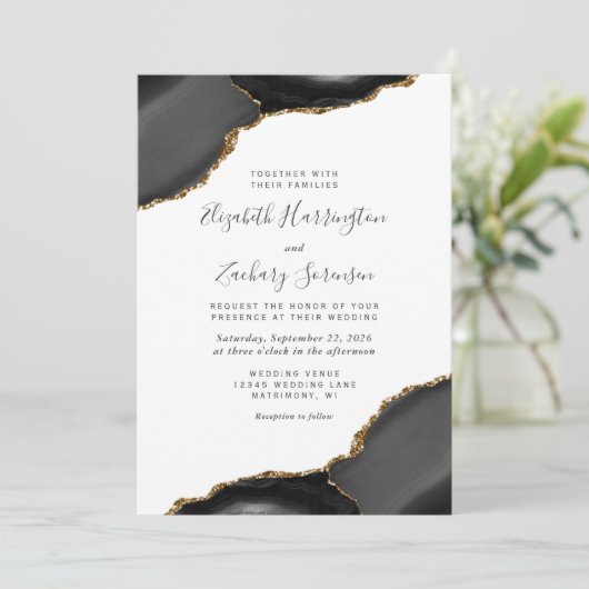 Invitation Mariage moderne Black Gold Agate Corners (Debout devant)